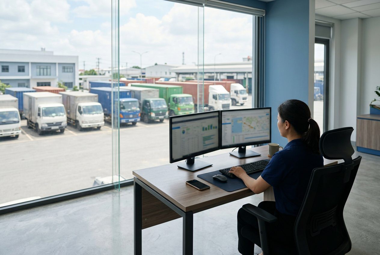 Nhân viên điều phối làm việc tại văn phòng, nhìn ra bãi xe tải của doanh nghiệp vận tải