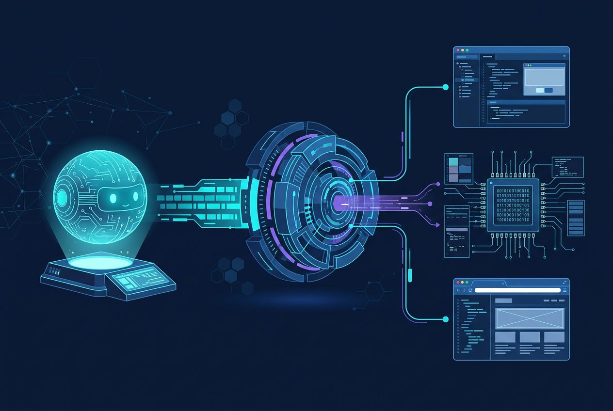 Sơ đồ quy trình REA kết nối coding agent với ứng dụng, website và binary